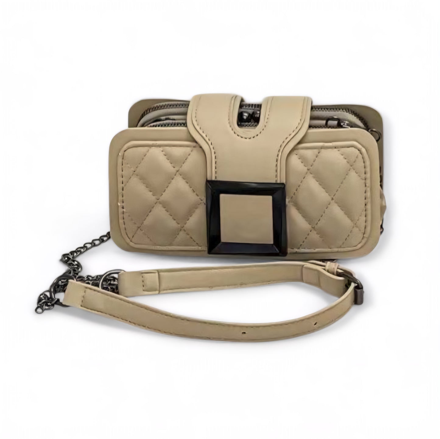 Beige Quilted Crossbody Bag with Chain Strap & Statement Buckle