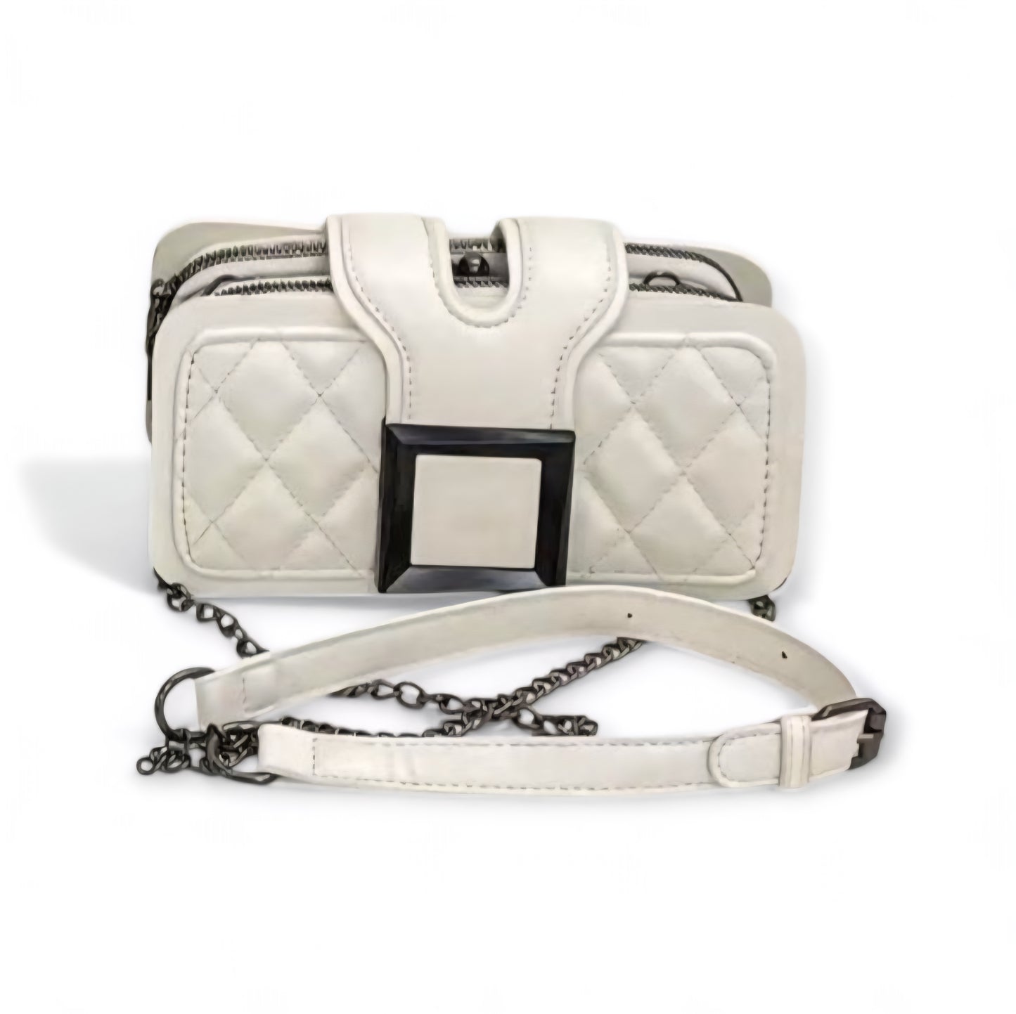 White Quilted Crossbody Bag with Chain Strap & Statement Buckle