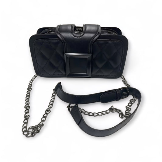 Black Quilted Crossbody Bag with Chain Strap & Statement Buckle
