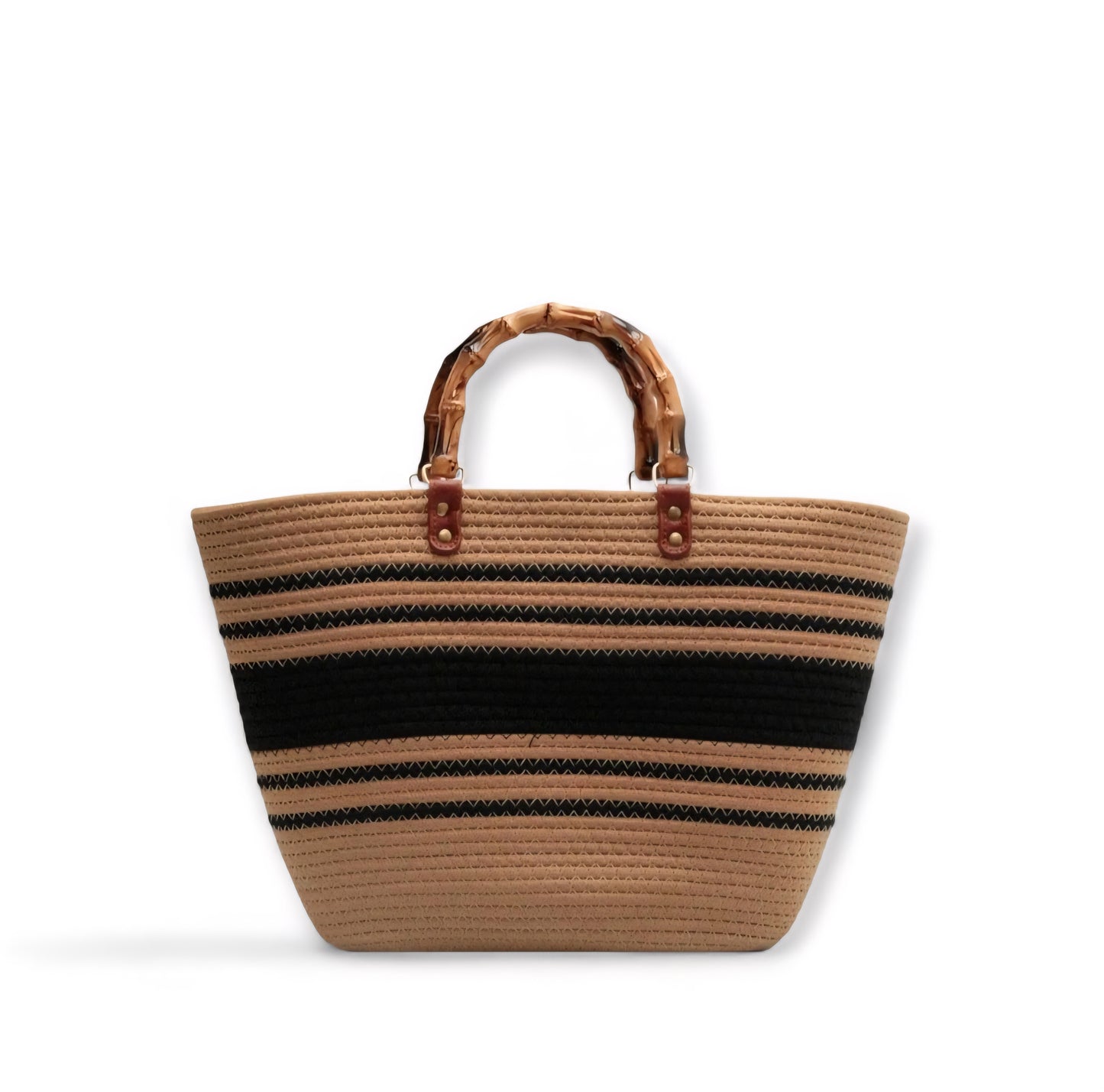 Coastal Breeze Striped Woven Tote – Chic Bamboo Handle Handbag for Everyday & Travel