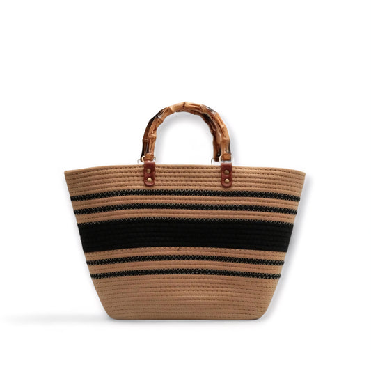 Coastal Breeze Striped Woven Tote – Chic Bamboo Handle Handbag for Everyday & Travel