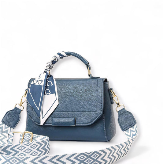 Structured Top Handle Bag with Scarf & Patterned Strap