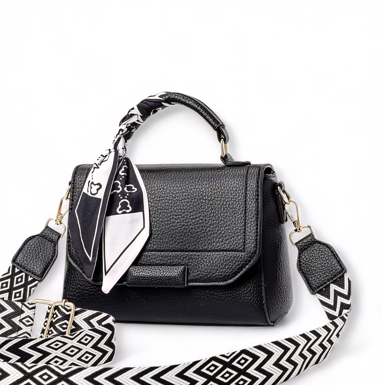 Structured Top Handle Bag with Scarf & Patterned Strap
