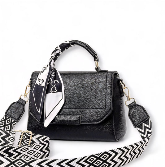 Structured Top Handle Bag with Scarf & Patterned Strap