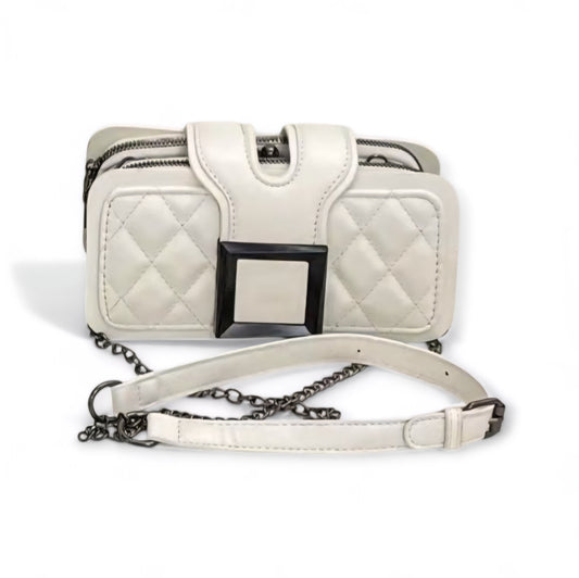 White Quilted Crossbody Bag with Chain Strap & Statement Buckle