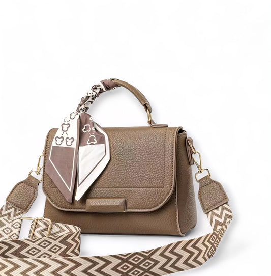 Structured Top Handle Bag with Scarf & Patterned Strap