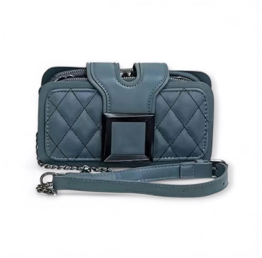 Blue Quilted Crossbody Bag with Chain Strap & Statement Buckle
