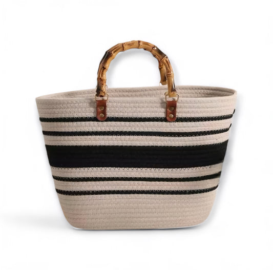 Coastal Breeze Striped Woven Tote – Chic Bamboo Handle Handbag for Everyday & Travel